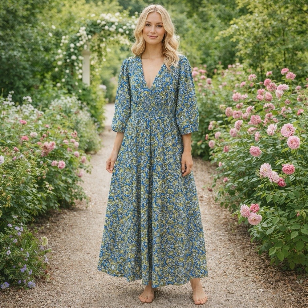 FAT FACE Blue Rene‎ Aztec Texture Midi Dress Floral Artsy Cottagecore 12